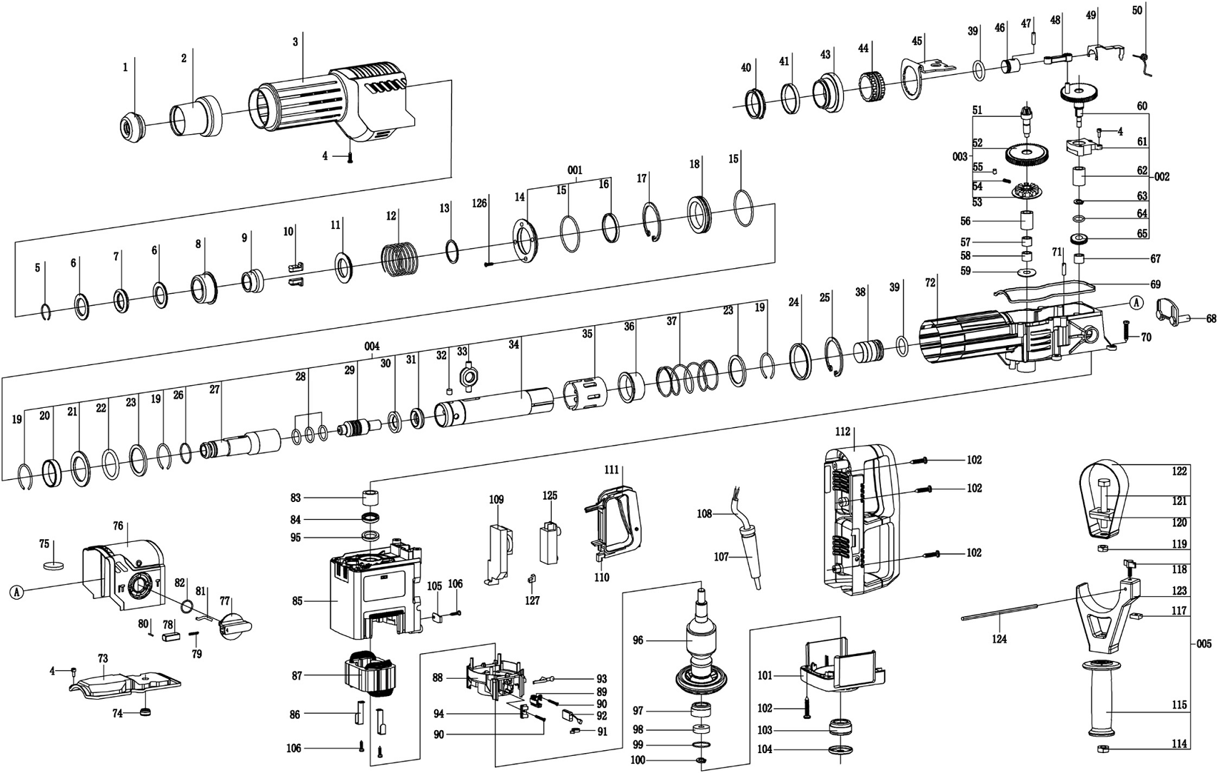 ЗУБР 52 мм, 1500 Вт, перфоратор SDS-Max, Профессионал (ЗПМ-52-1500 ЭК) - разборная схема